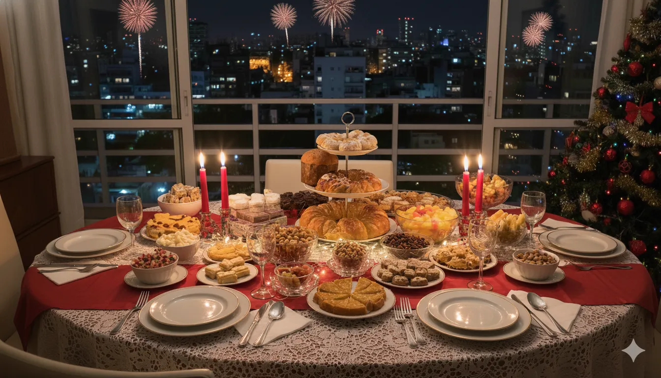 Mesa navideña con mucha comida dulce